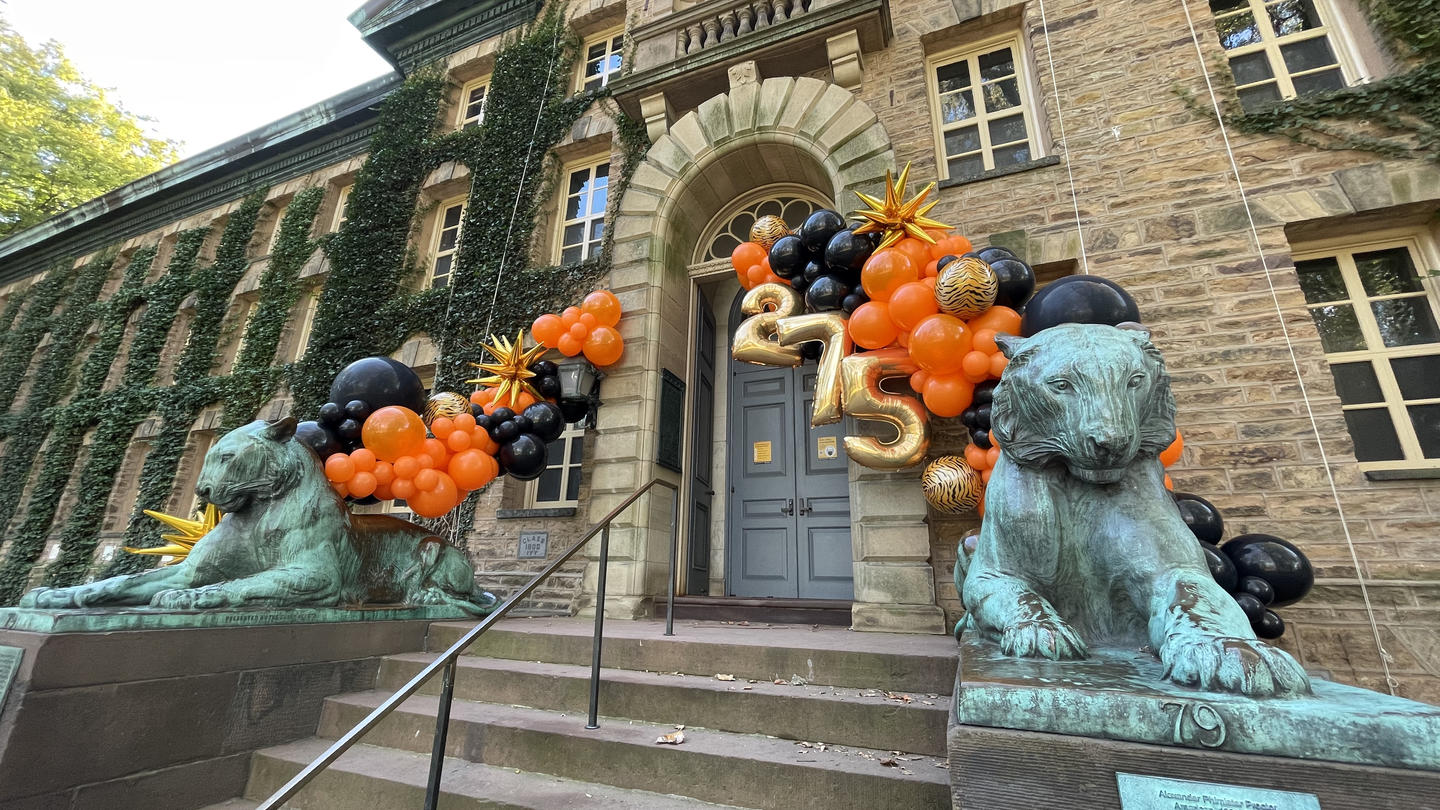 Nassau Hall steps decorated for the 275th anniversary of the University.