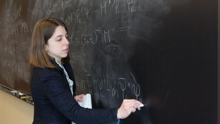 Faculty writing on chalkboard