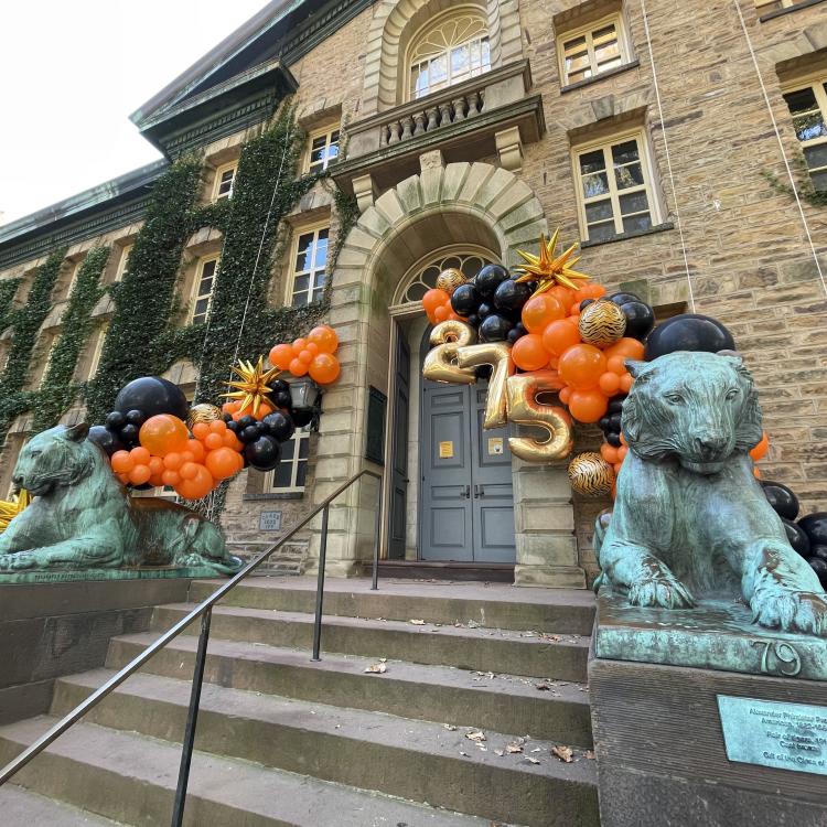 Nassau Hall steps decorated for the 275th anniversary of the University.