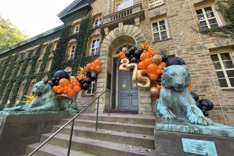 Nassau Hall steps decorated for the 275th anniversary of the University.