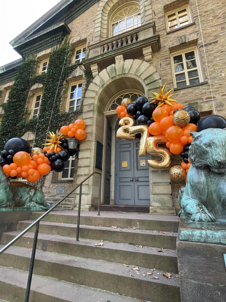 Nassau Hall steps decorated for the 275th anniversary of the University.