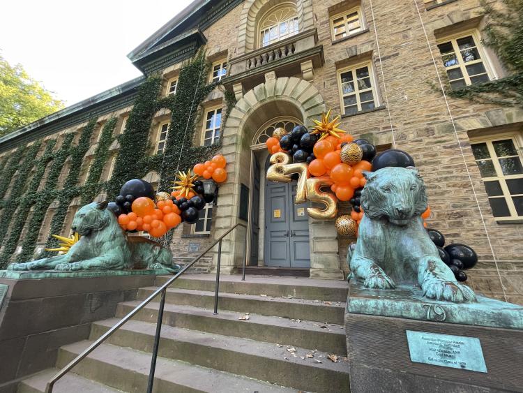 Nassau Hall steps decorated for the 275th anniversary of the University.