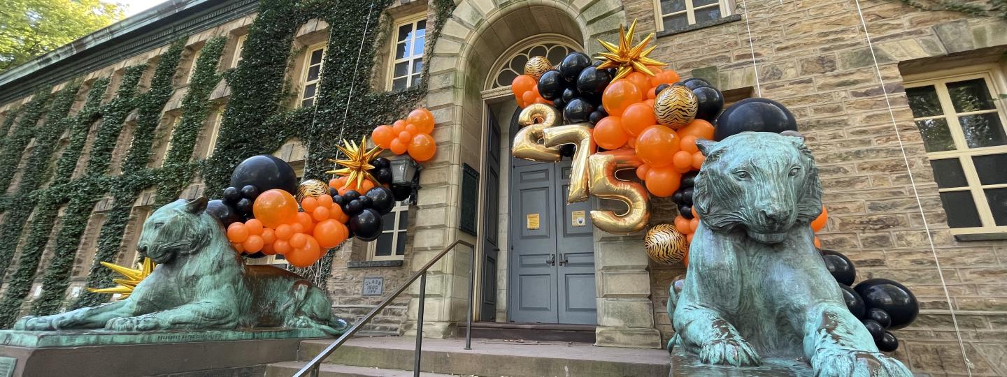 Nassau Hall steps decorated for the 275th anniversary of the University.