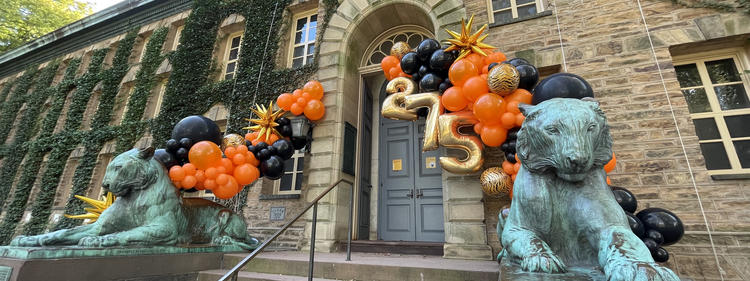 Nassau Hall steps decorated for the 275th anniversary of the University.