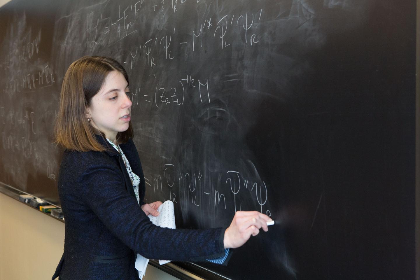 Faculty writing on chalkboard